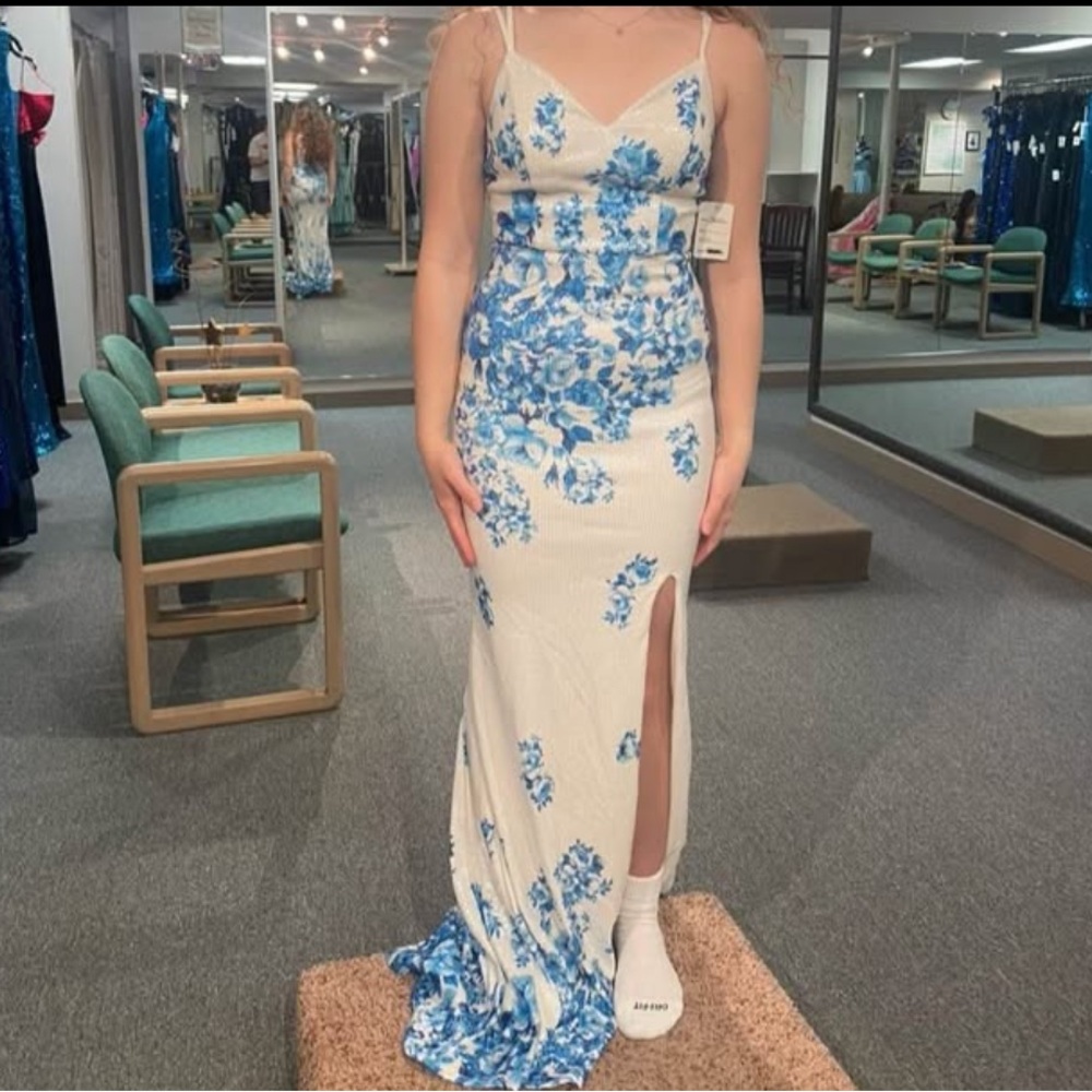 White & Blue Floral Slit Prom Dress